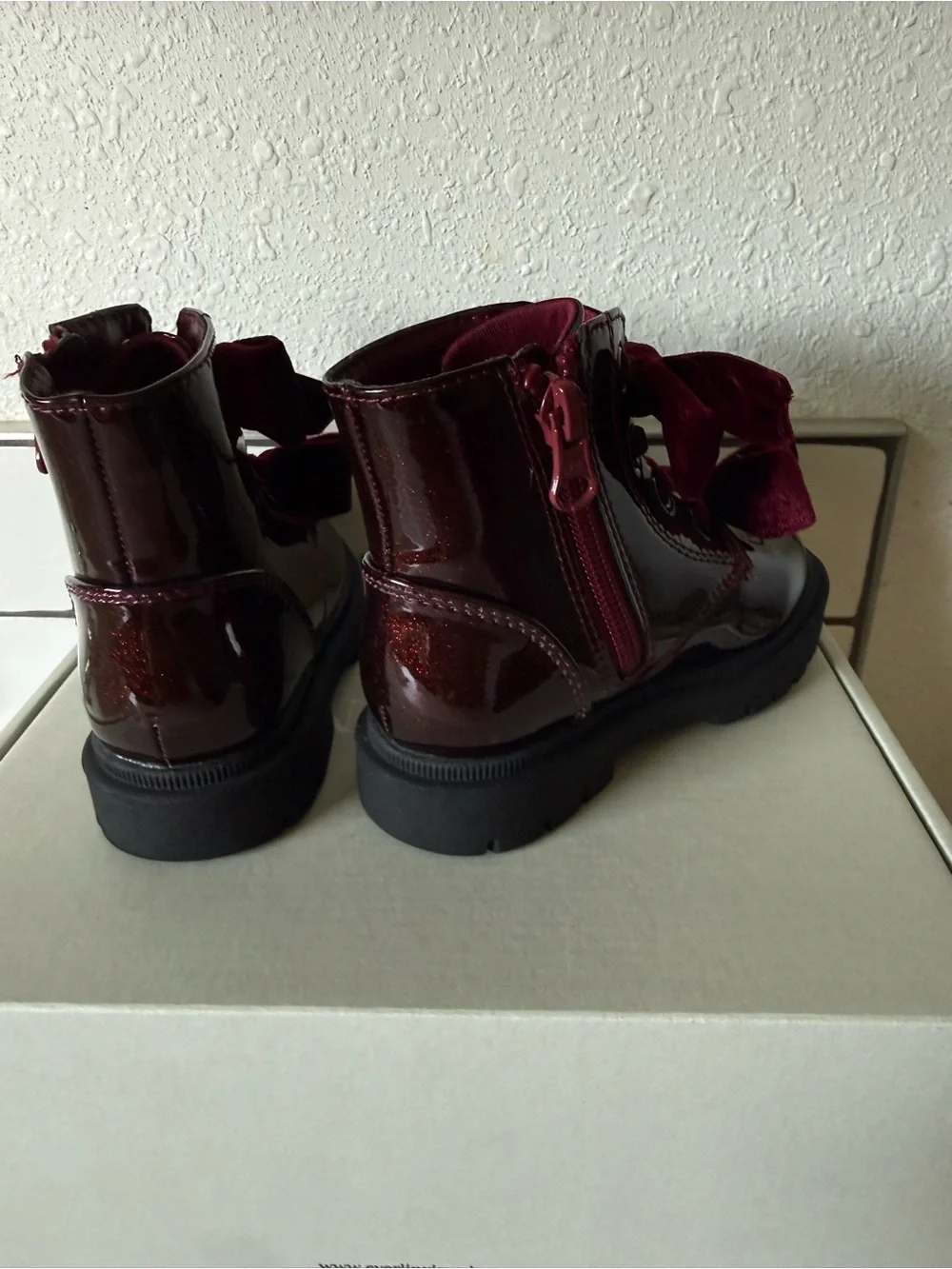 Cato Girls Burgundy Patent Glitter Boots with Velvet Bows